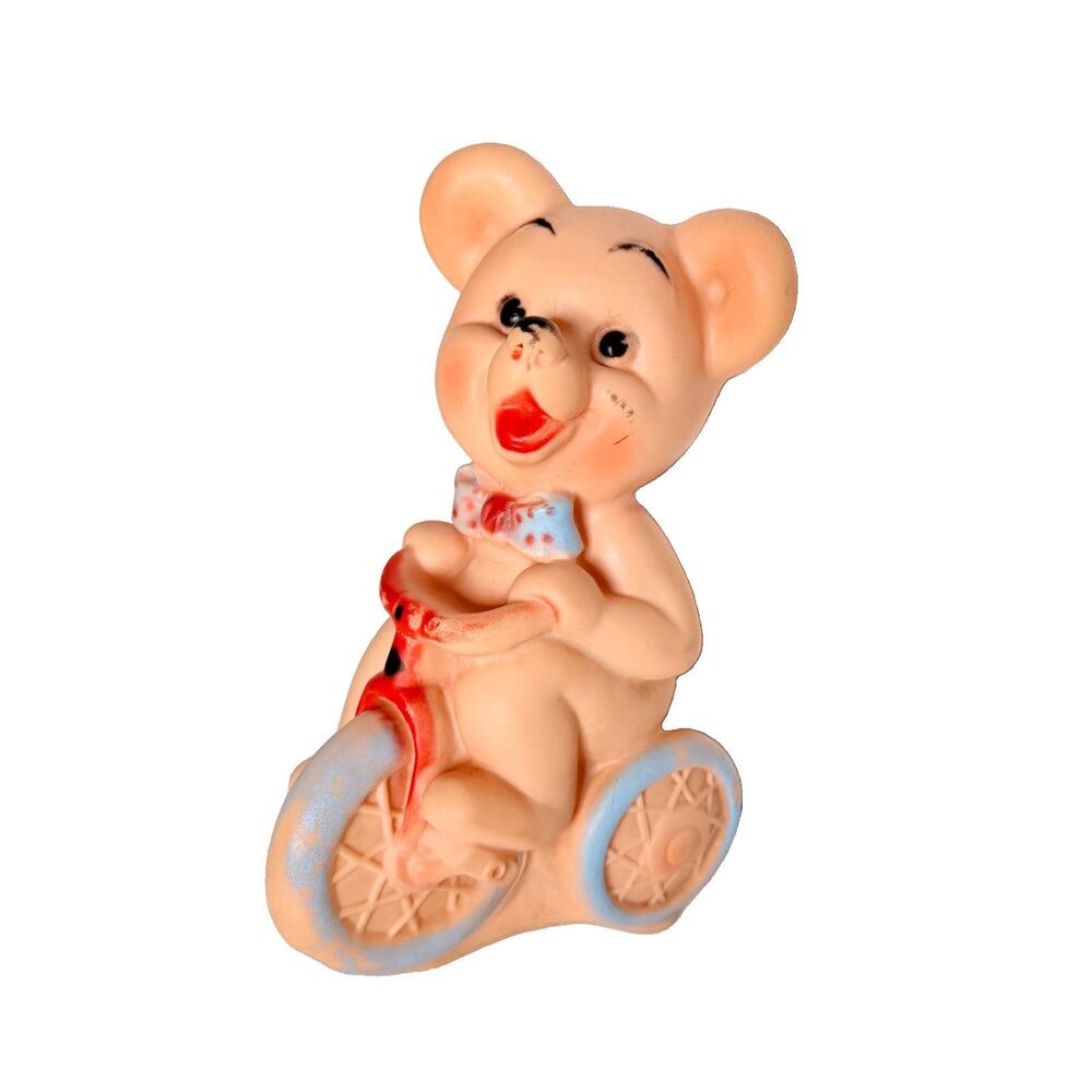 Vintage DREAMLAND CREATIONS Squeaker Toy Bear on Tricycle Squeak 7" Tall 1956